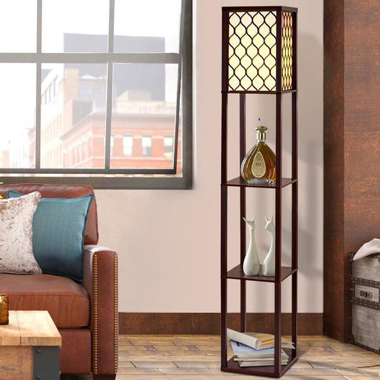 Patterned Etagere LED Floor Lamp with Storage Shelves - Brown