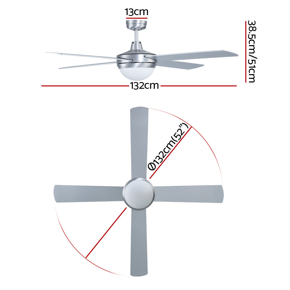 132cm (52'') Remote Ceiling Fan with LED Light - Silver