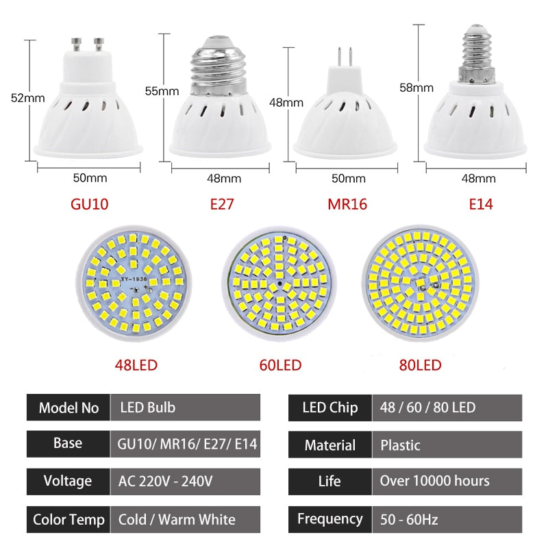 E27 LED Bulb 240V 48, 60, 80 LED's