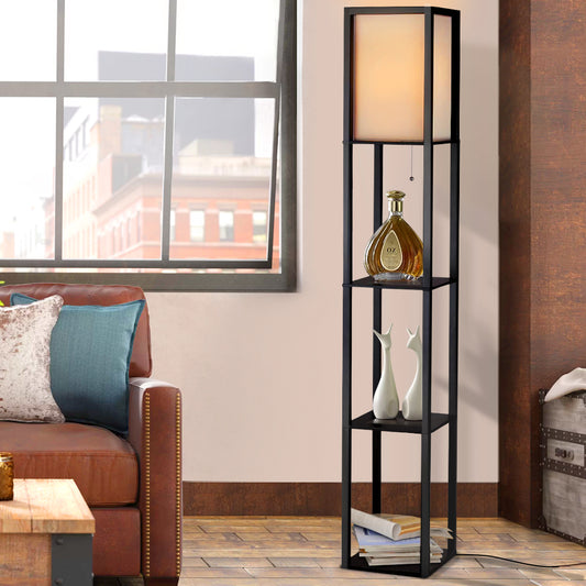 Vintage Etagere LED Floor Lamp with Tiered Shelving - Black