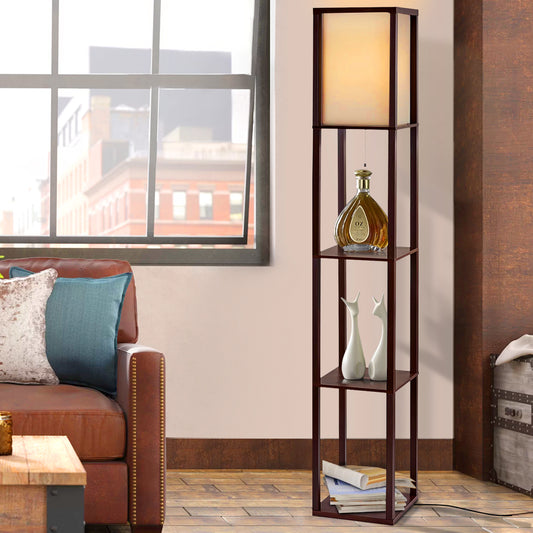 Vintage Etagere LED Floor Lamp with Tiered Shelving - Brown