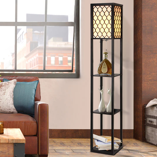 Patterned Etagere LED Floor Lamp with Storage Shelves - Black