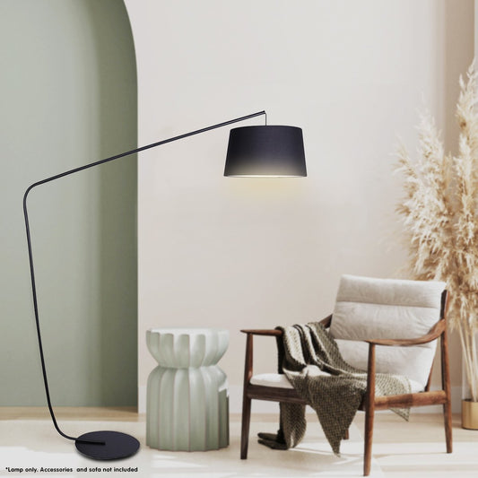 Linear Arc Floor Lamp - Black Metal with Linen Tapered Shade