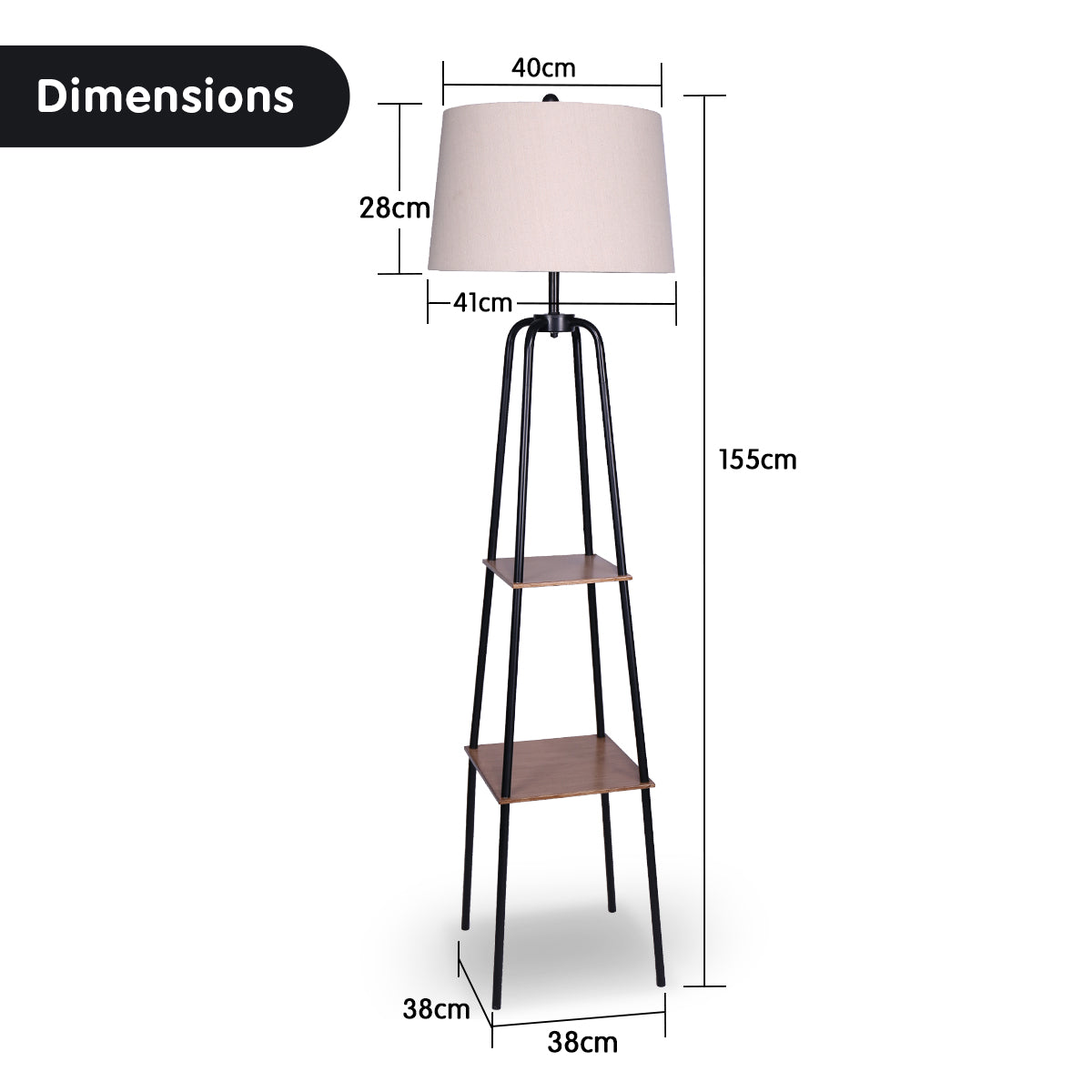 Industrial Chic Floor Lamp with Wood-Effect Metal Shelves and Cream Linen Shade