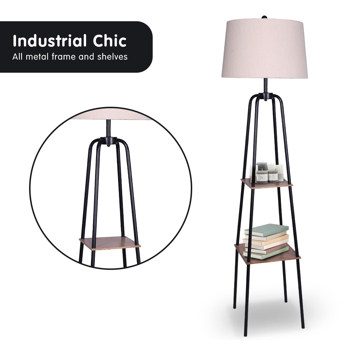 Industrial Chic Floor Lamp with Wood-Effect Metal Shelves and Cream Linen Shade