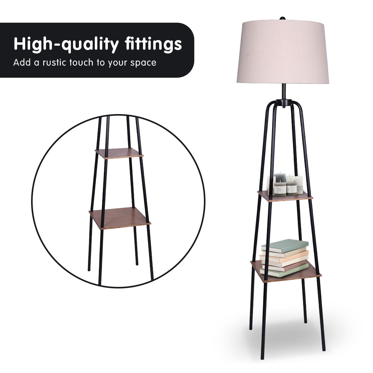 Industrial Chic Floor Lamp with Wood-Effect Metal Shelves and Cream Linen Shade