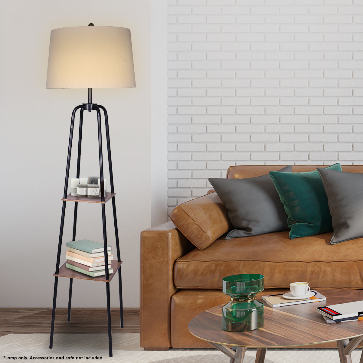 Industrial Chic Floor Lamp with Wood-Effect Metal Shelves and Cream Linen Shade