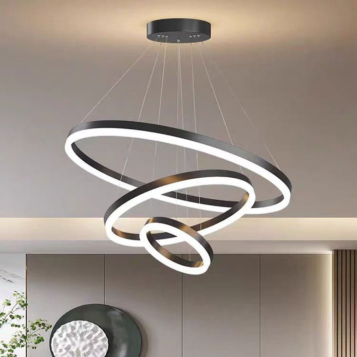 Minimalist Black LED Chandelier - 3 Adjustable Rings Pendant Light