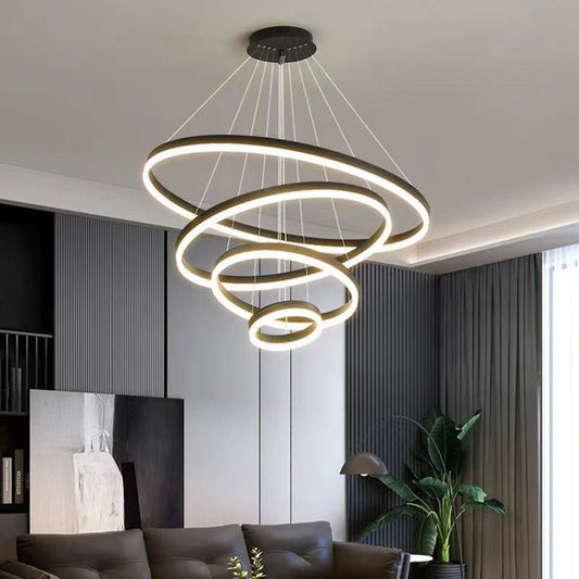 Minimalist Black LED Chandelier - 4 Adjustable Rings Pendant Light