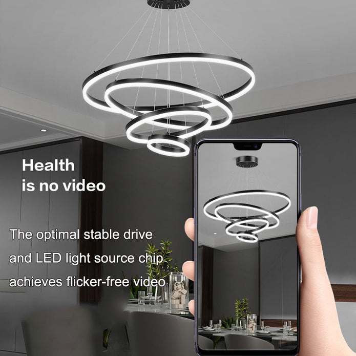 Minimalist Black LED Chandelier - 5 Adjustable Rings Pendant Light