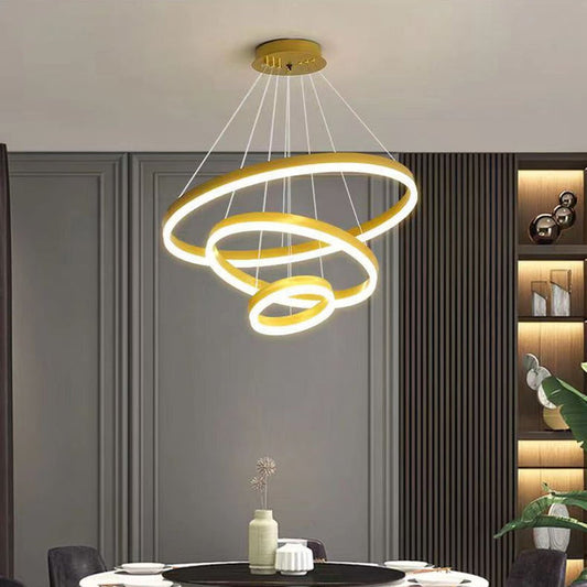 Minimalist Gold LED Chandelier - 3 Adjustable Rings Pendant Light