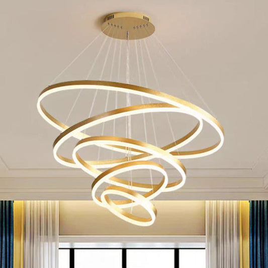 Minimalist Gold LED Chandelier - 5 Adjustable Rings Pendant Light