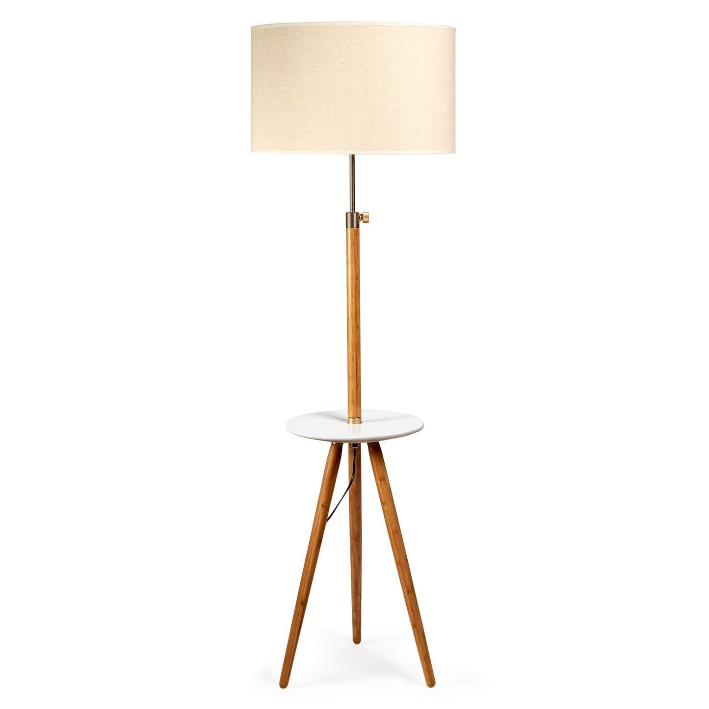 Adjustable Bamboo Tripod Floor Lamp with Linen Shade and Integrated Shelf