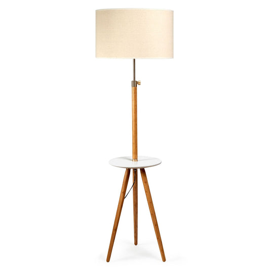 Adjustable Bamboo Tripod Floor Lamp with Linen Shade and Integrated Shelf