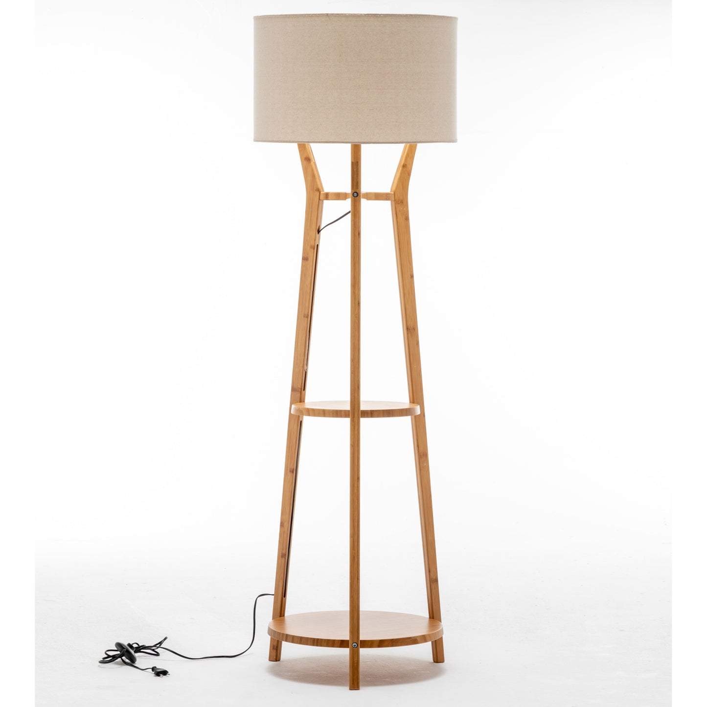 Large Bamboo Tripod Floor Lamp with Linen Shade and Shelving