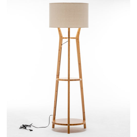 Large Bamboo Tripod Floor Lamp with Linen Shade and Shelving