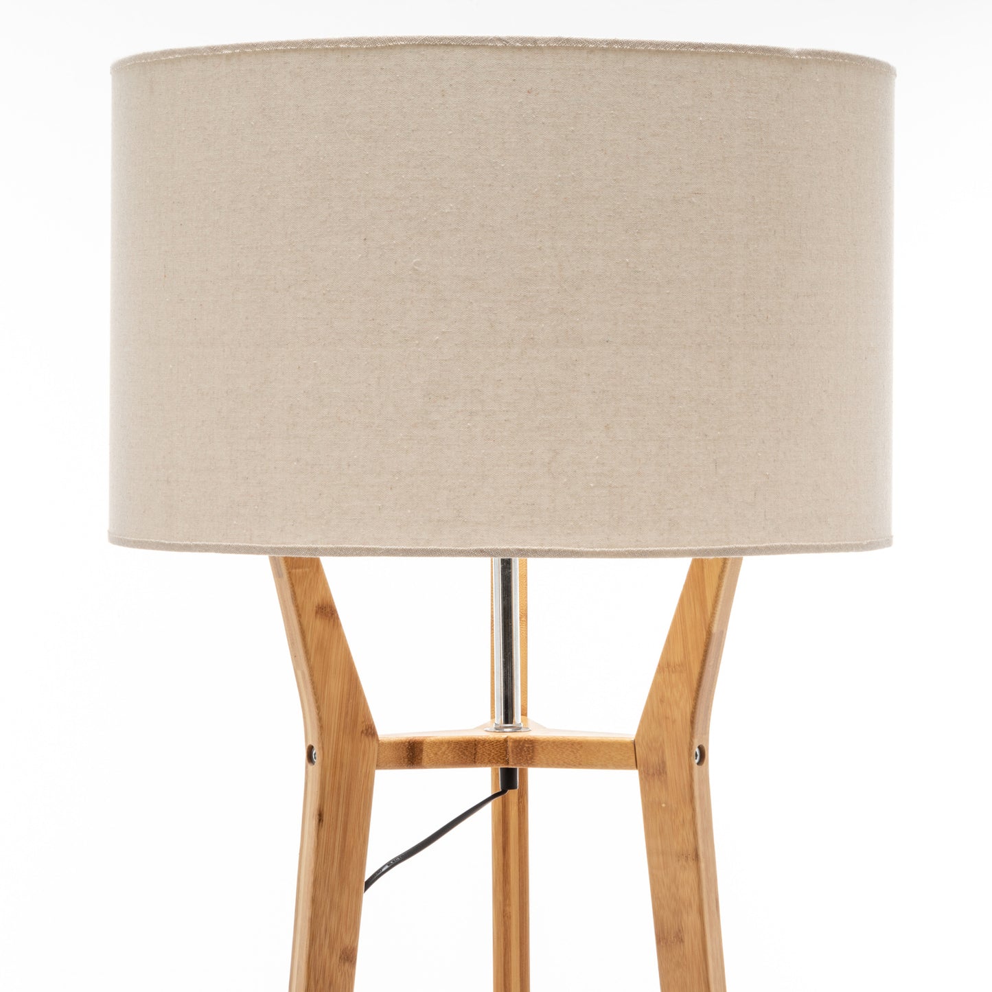 Large Bamboo Tripod Floor Lamp with Linen Shade and Shelving