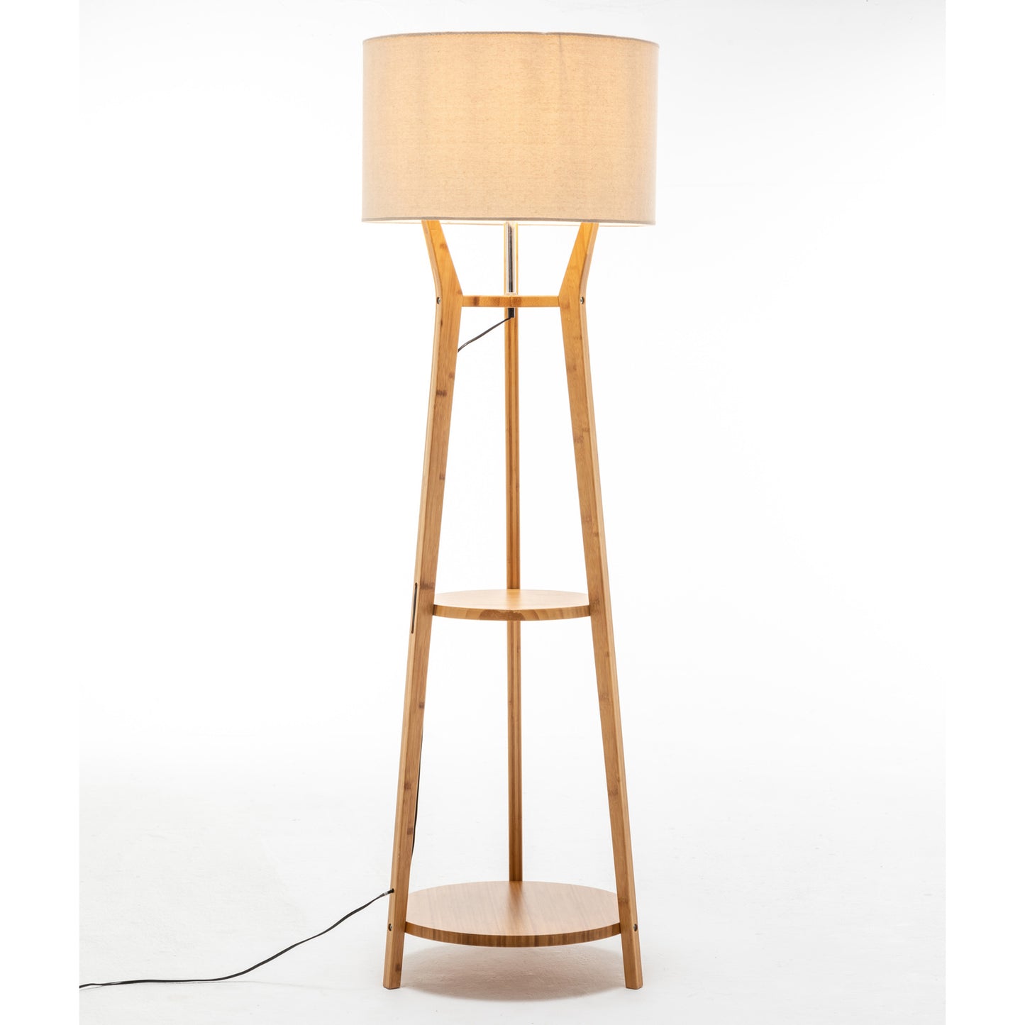 Large Bamboo Tripod Floor Lamp with Linen Shade and Shelving