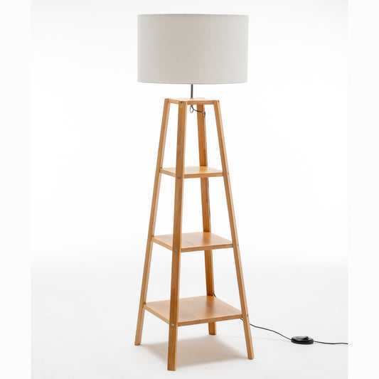 Tri-Level Floor Lamp with Storage Shelves and Linen Shade - Natural Wood