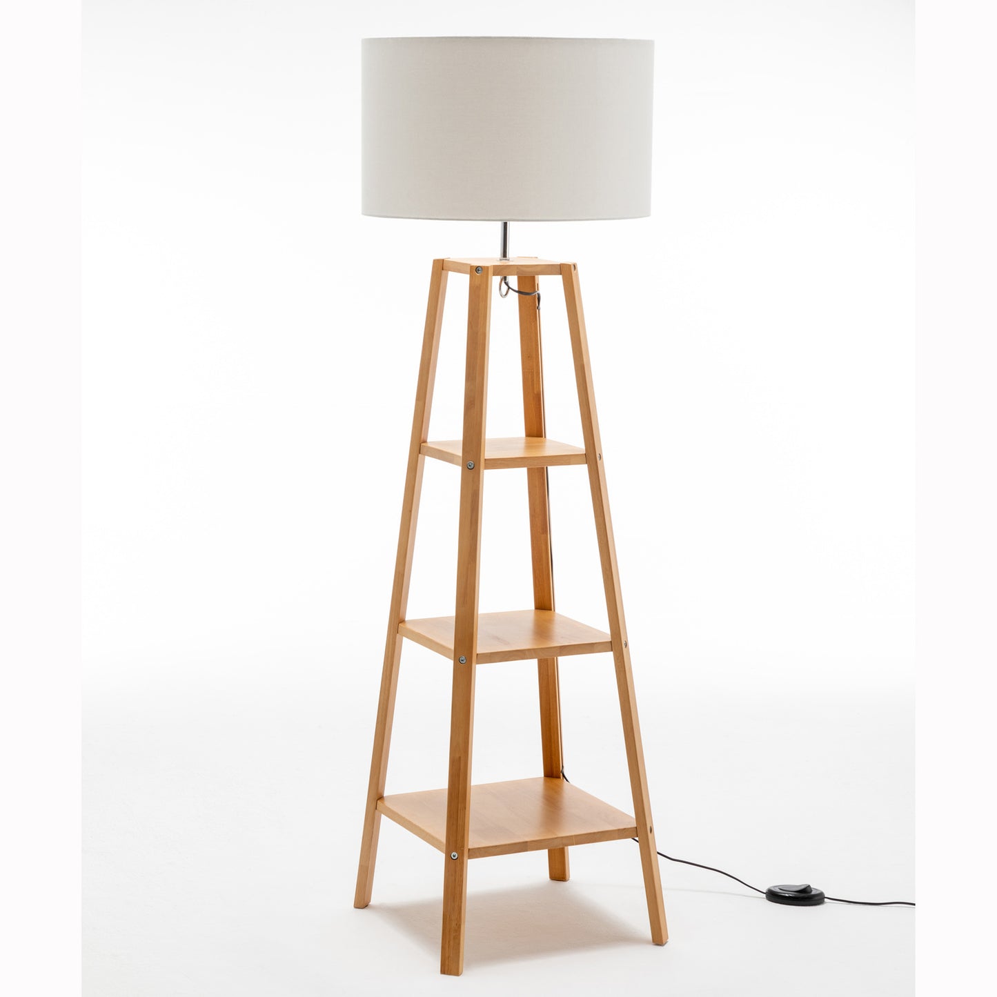 Tri-Level Floor Lamp with Storage Shelves and Linen Shade - Natural Wood