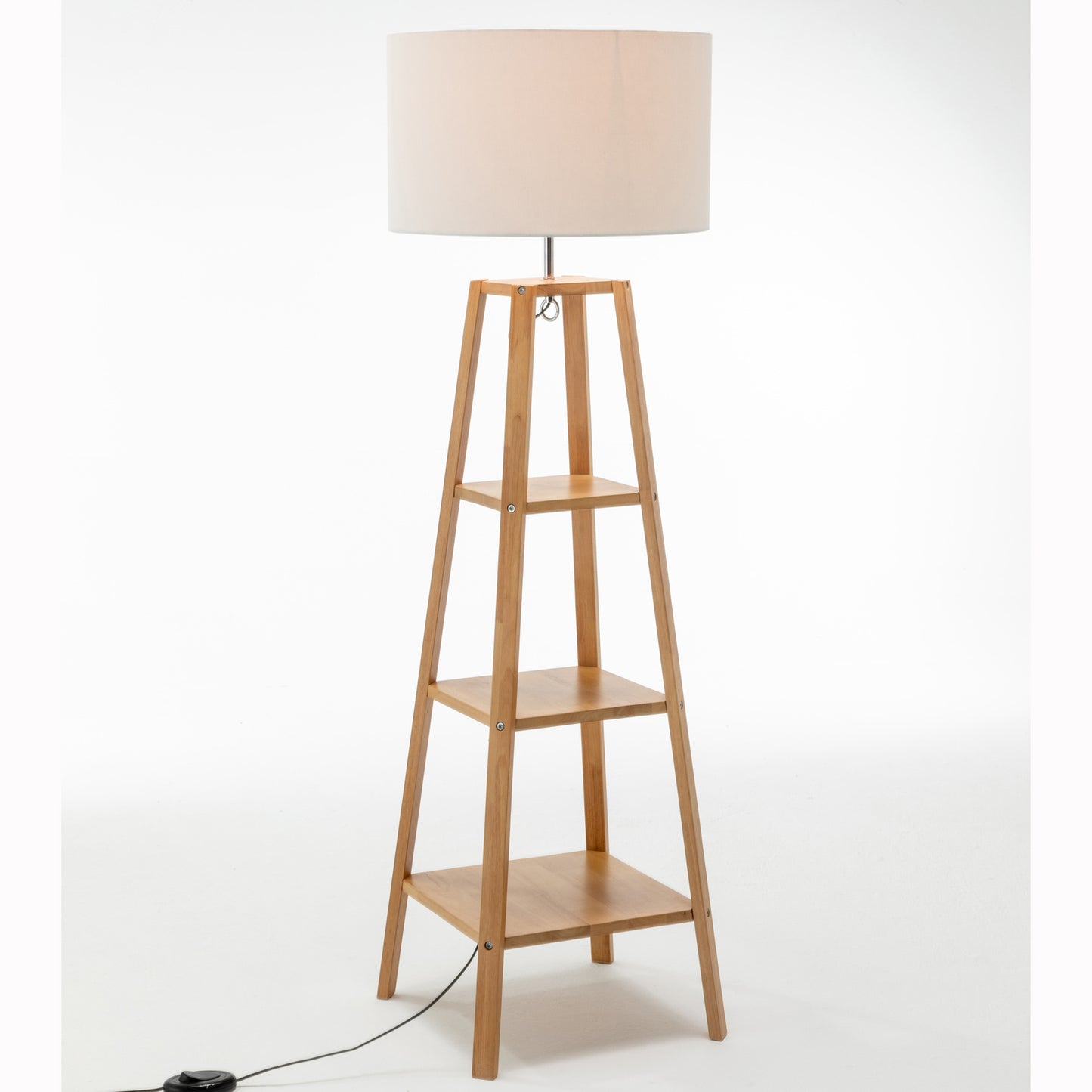 Tri-Level Floor Lamp with Storage Shelves and Linen Shade - Natural Wood