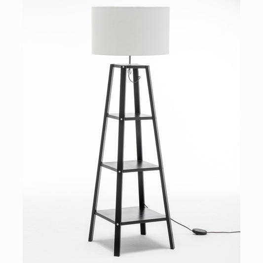 Tri-Level Floor Lamp with Storage Shelves and Linen Shade - Black