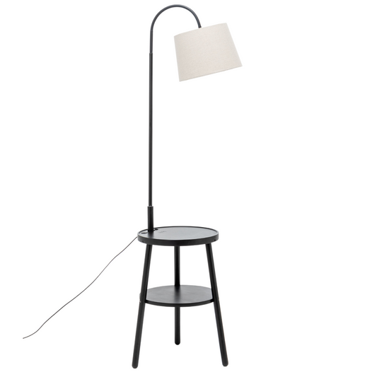 Tripod Table Lamp with Shelf, USB Charger, and Fabric Shade - Black