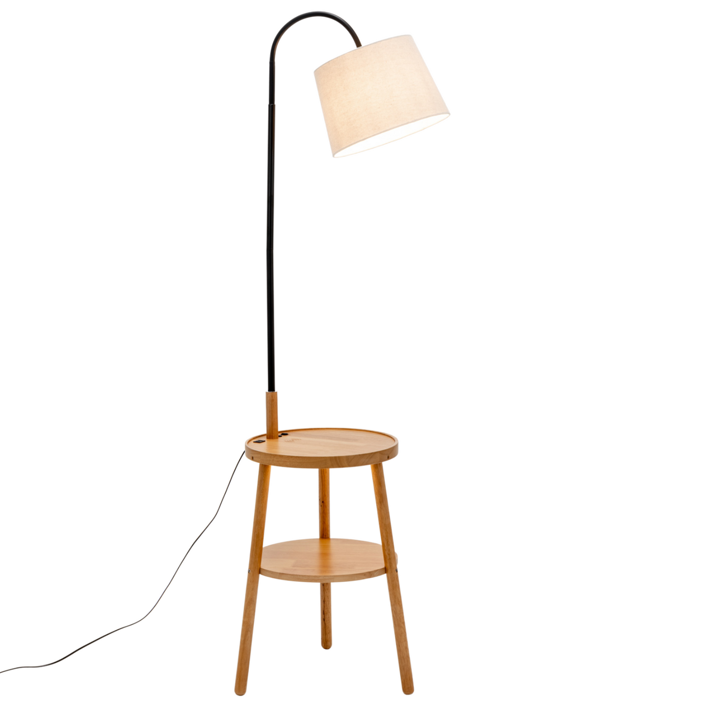 Tripod Table Lamp with Shelf, USB Charger, and Fabric Shade - Natural Wood