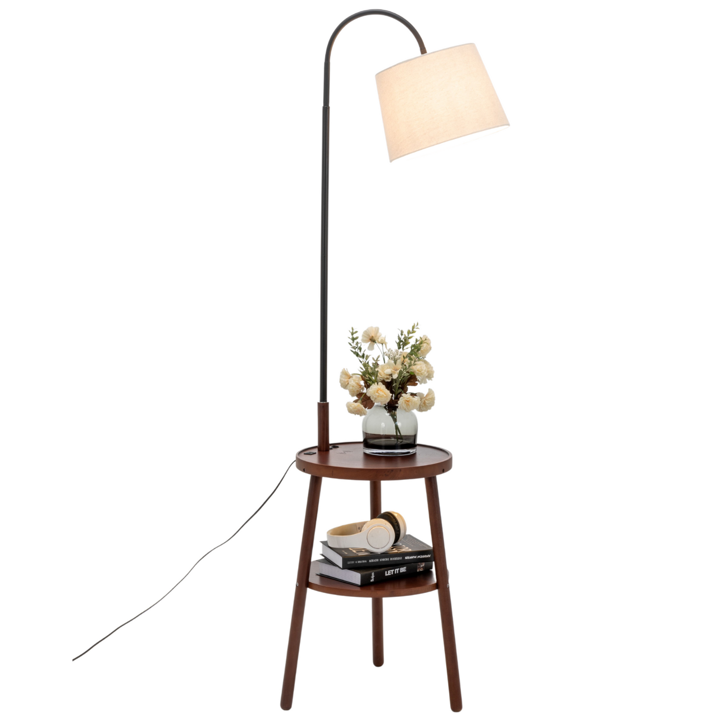 Tripod Table Lamp with Shelf, USB Charger, and Fabric Shade - Dark Wood