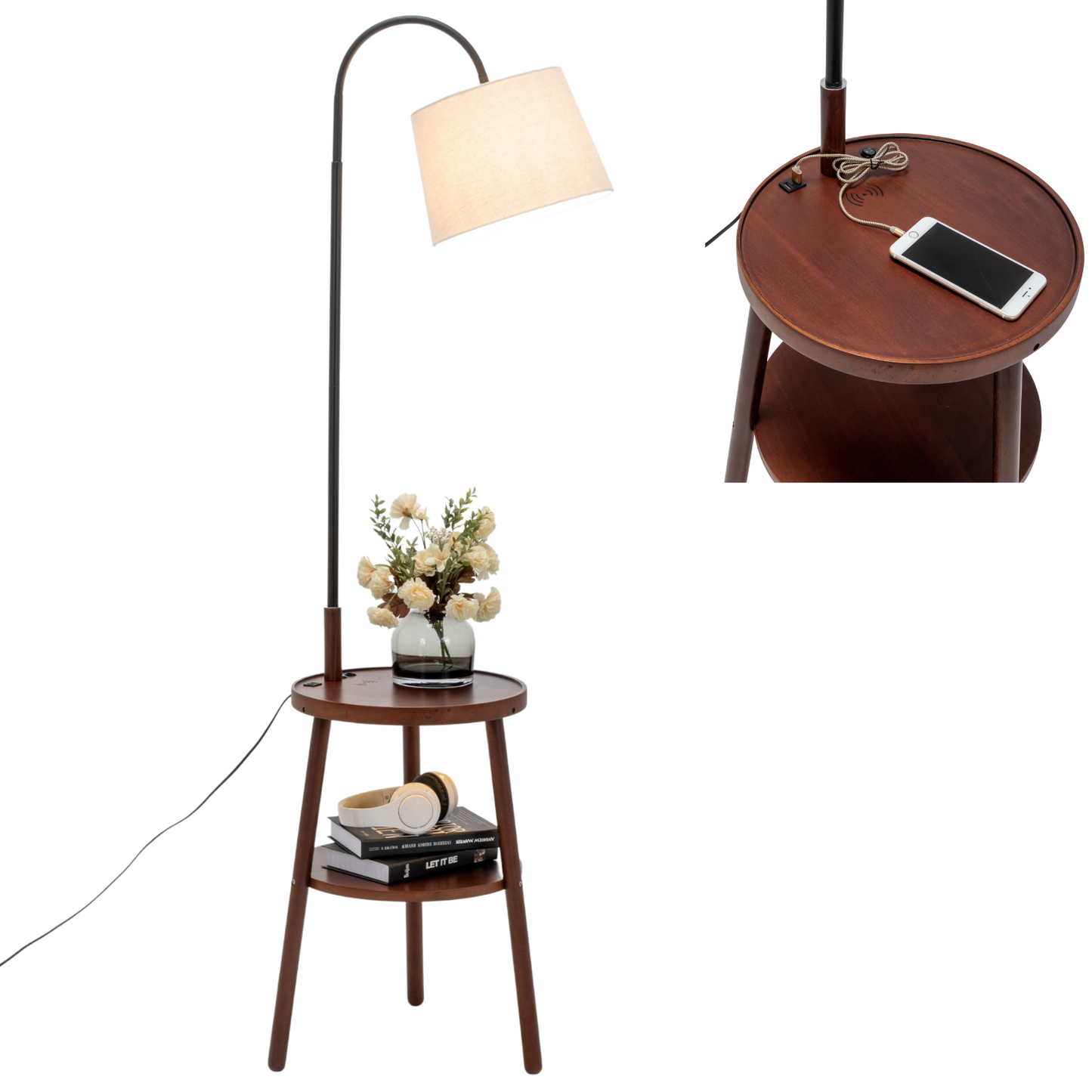 Tripod Table Lamp with Shelf, USB Charger, and Fabric Shade - Dark Wood