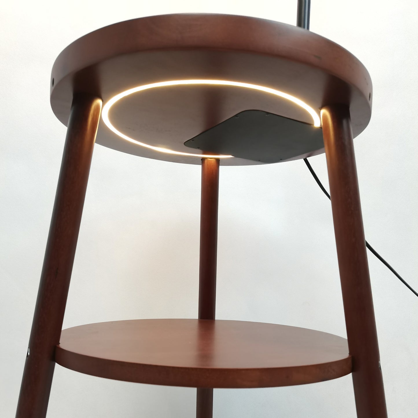 Tripod Table Lamp with Shelf, USB Charger, and Fabric Shade - Dark Wood