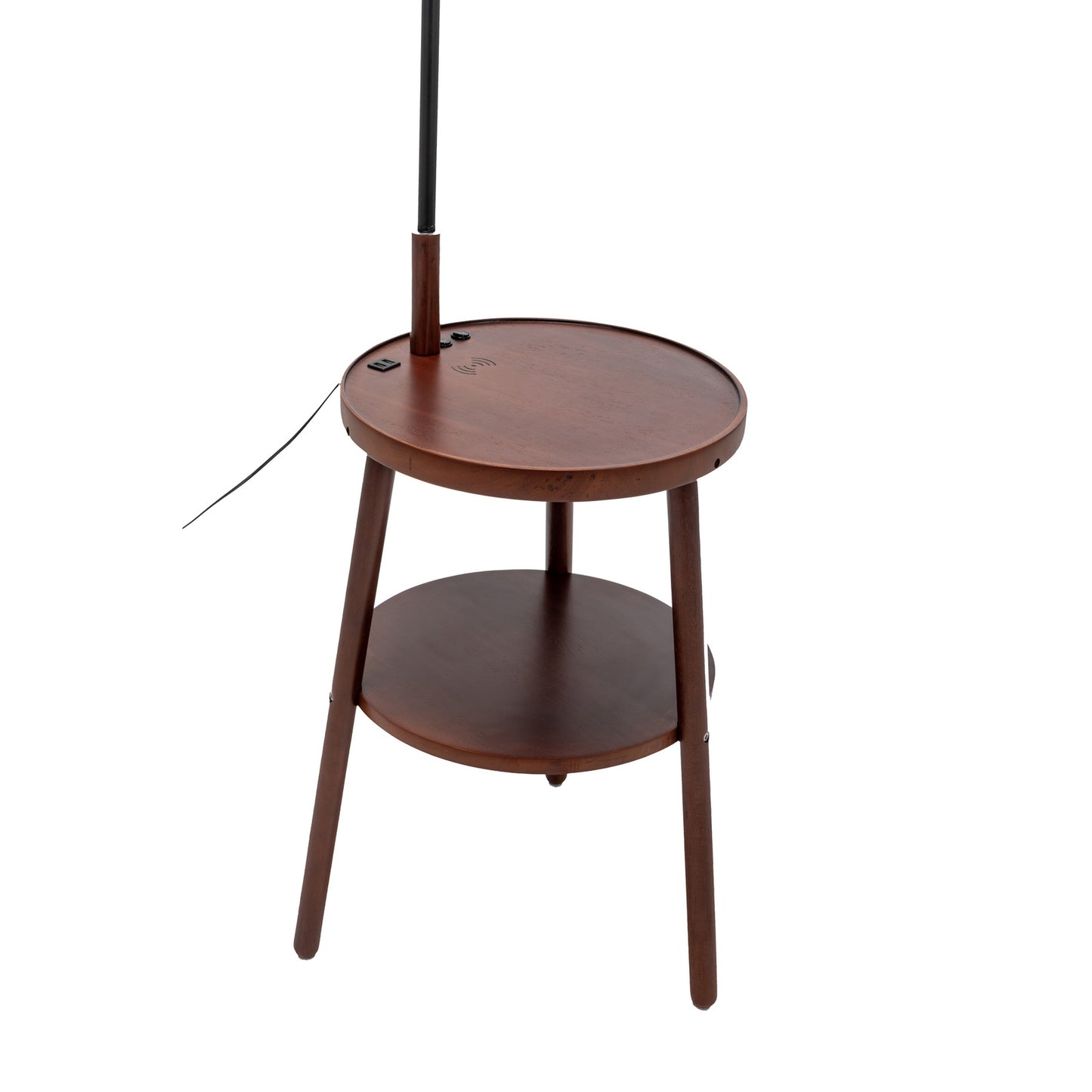 Tripod Table Lamp with Shelf, USB Charger, and Fabric Shade - Dark Wood