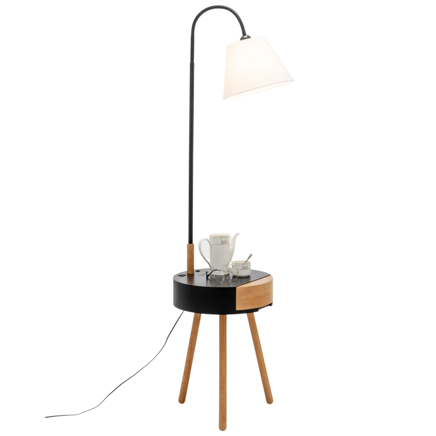 Modern Tripod Table Lamp with USB Charging Drawer and Shelf - Black