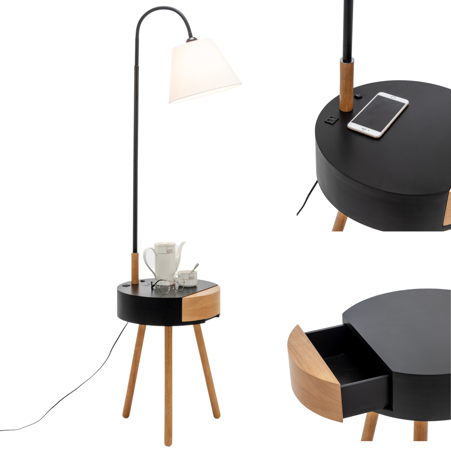 Modern Tripod Table Lamp with USB Charging Drawer and Shelf - Black