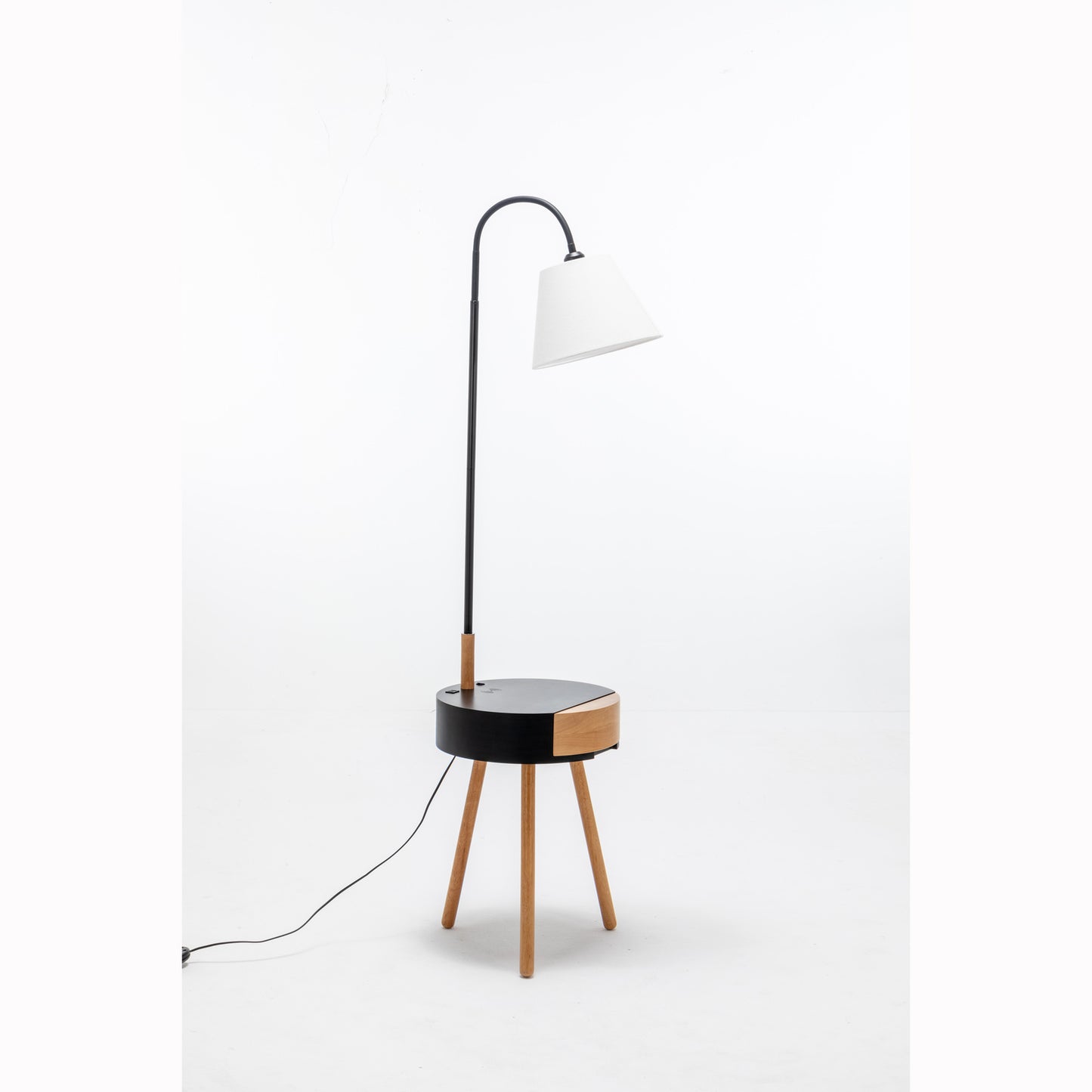 Modern Tripod Table Lamp with USB Charging Drawer and Shelf - Black