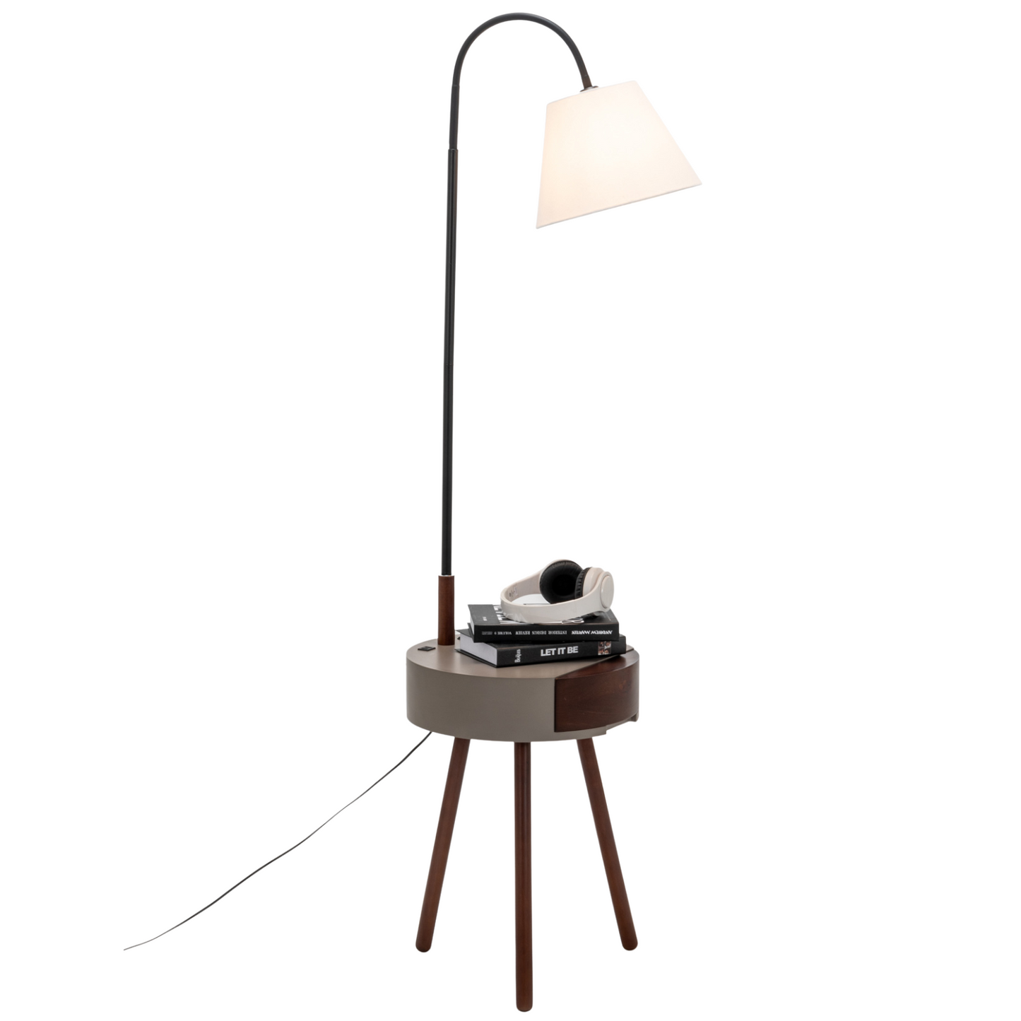 Modern Tripod Table Lamp with USB Charging Drawer and Shelf - Brown