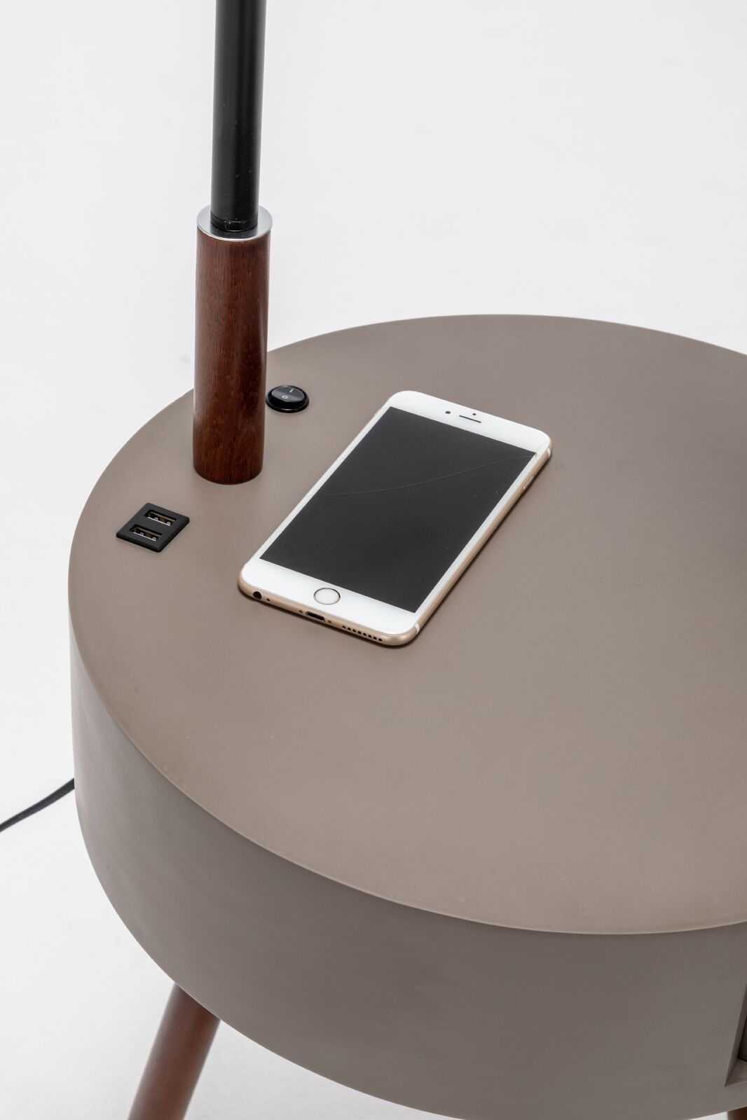 Modern Tripod Table Lamp with USB Charging Drawer and Shelf - Brown