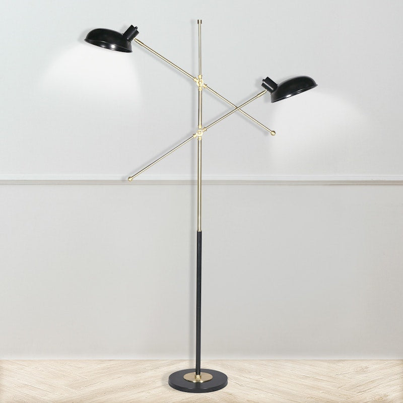 Dual-Head Adjustable Floor Lamp in Black and Gold